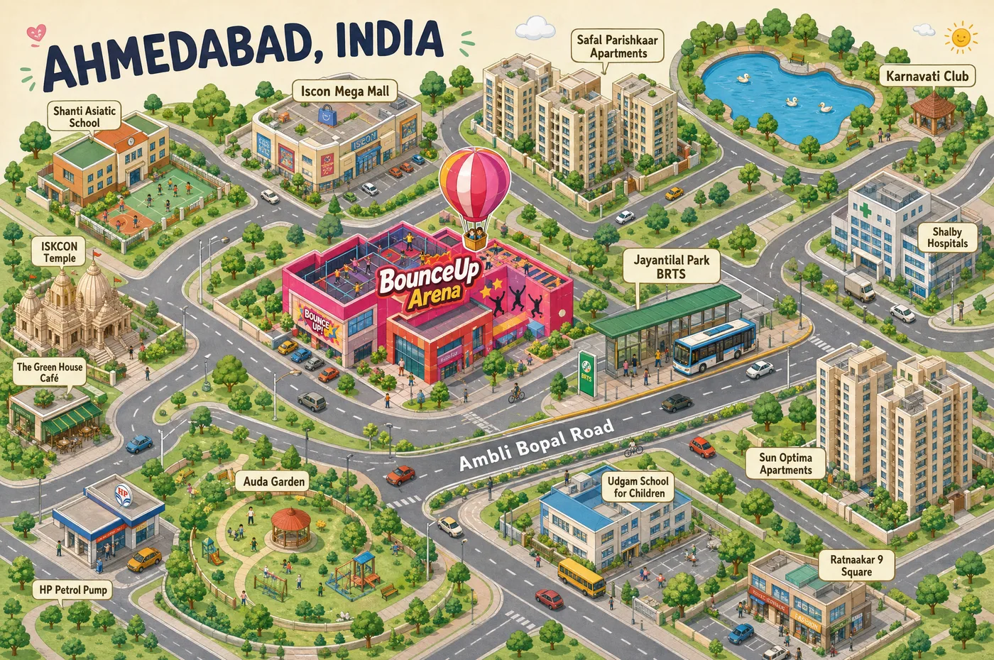 Illustrated map of BounceUp Ahmedabad on Ambli Bopal Road