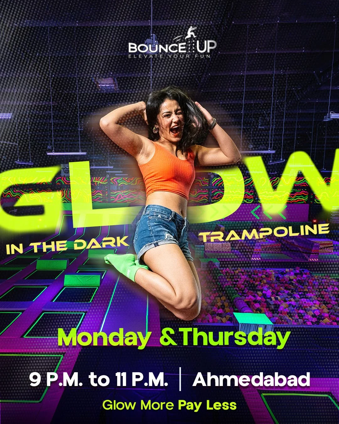 BounceUp Glow in the Dark trampoline nights — Monday and Thursday, 9 to 11 PM in Ahmedabad and 5 to 10 PM in Vadodara